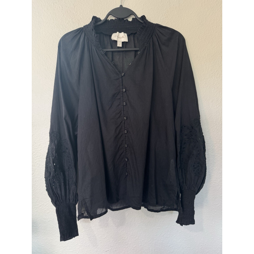 Anthropologie Cleobella Black Boho Peasant Blouse Embroidered Sleeves